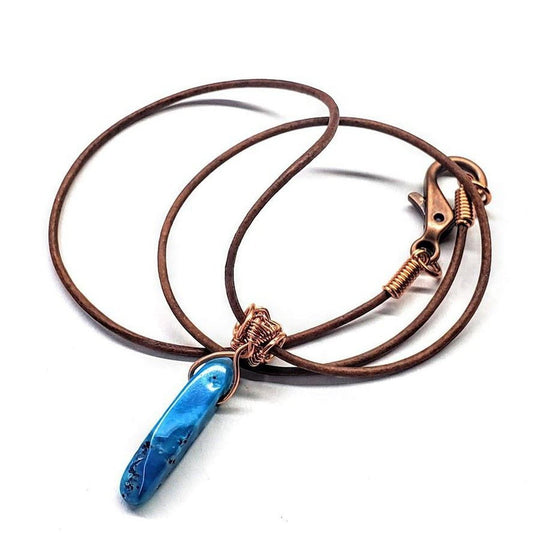 Wire Wrapped Pointed Turquoise Agate Leather Necklace for Him and Her