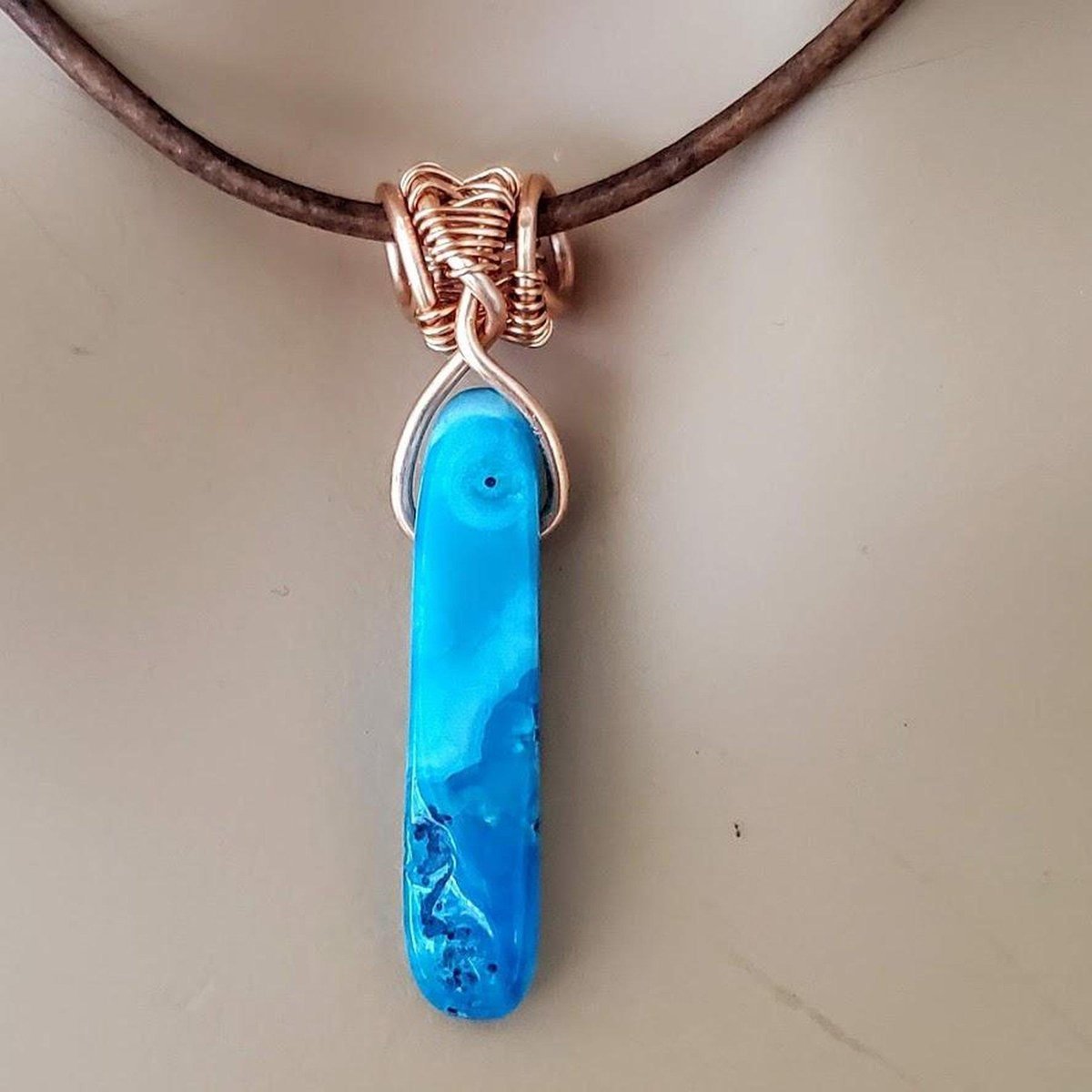 Wire Wrapped Pointed Turquoise Agate Leather Necklace for Him and Her