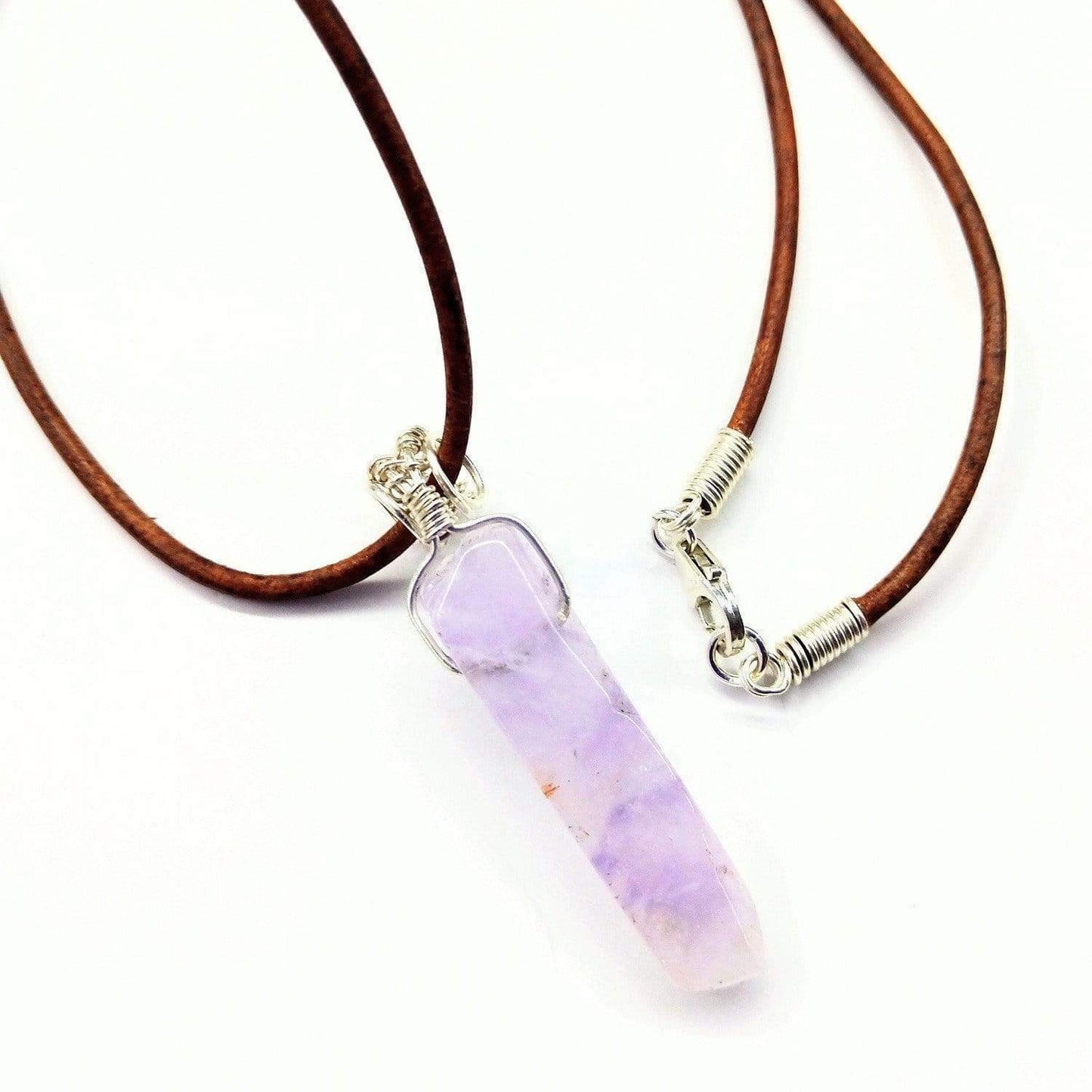 Silver Wrapped Light Amethyst Gemstone Point Leather Necklace