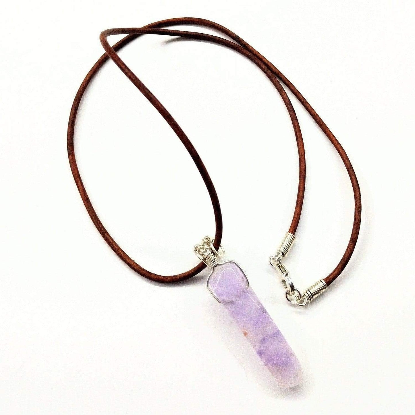 Silver Wrapped Light Amethyst Gemstone Point Leather Necklace