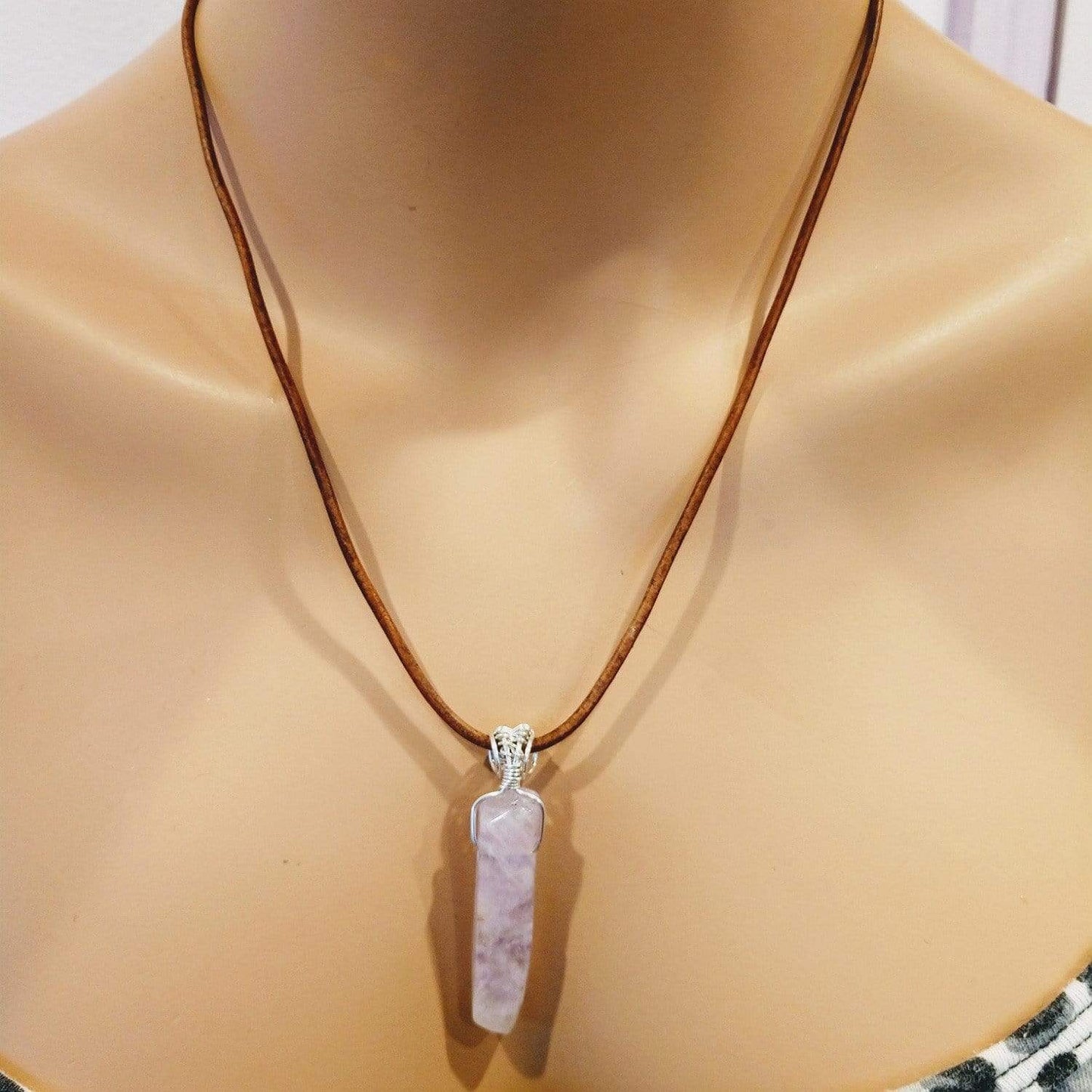 Silver Wrapped Light Amethyst Gemstone Point Leather Necklace